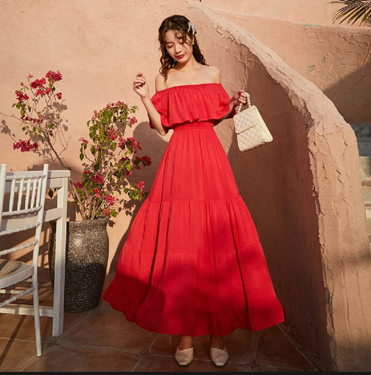 Women's dress beach long solid color dress casual simple one-shoulder versatile fashion
