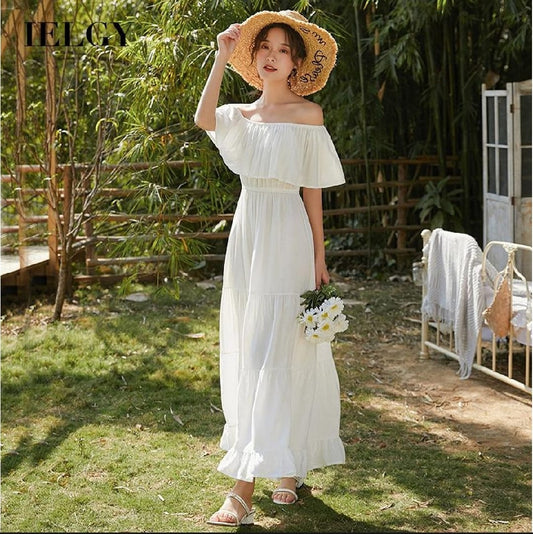 Women's dress beach long solid color dress casual simple one-shoulder versatile fashion