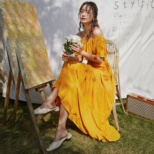 Women's dress beach long solid color dress casual simple one-shoulder versatile fashion